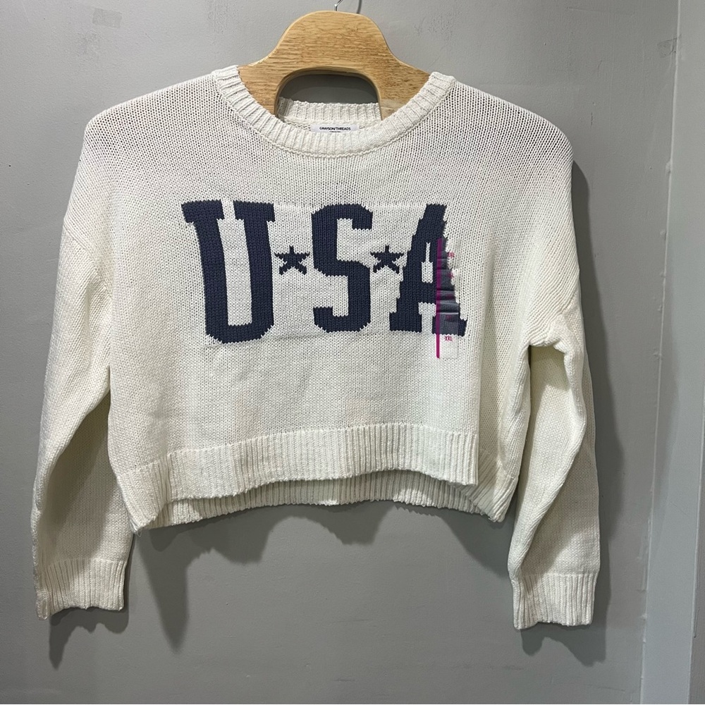 NEW Grayson Threads USA Graphic Sweater Off White Cropped Crop Knit XXL - Picture 3 of 7